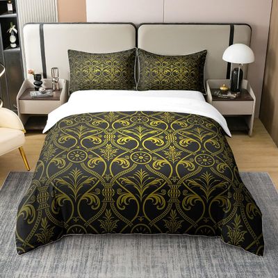 100% Cotton Vintage Damask Floral Duvet Cover Twin Antique Victorian Baroque Bedding Set for Kids Teen Adults Gold Black Ombre Gradient Comforter Cover Gothic Classical Floral Bedspread Cover