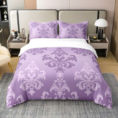 100% Cotton Purple Medallion Damask Duvet Cover Twin, Vintage Floral Victorian Baroque Style Bedding Set Boho Abstract Flowers Comforter Cover For Girls Teen Women, Classical Fashion Quilt Cover
