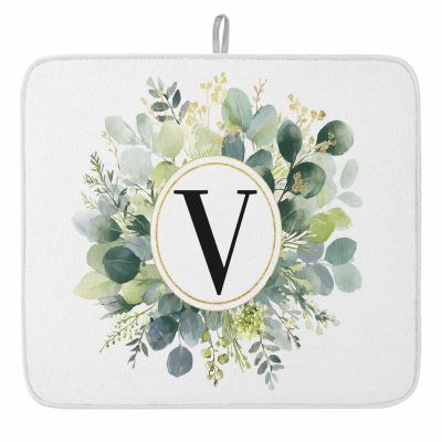 Eucalyptus Leaves Dish Drying Mat for Kitchen Counter, Microfiber Rack Pads, Spring Green Watercolor Monogram Letter V Absorbent Dish Bottle Drying Mat, 18''x24'', 1 Pack