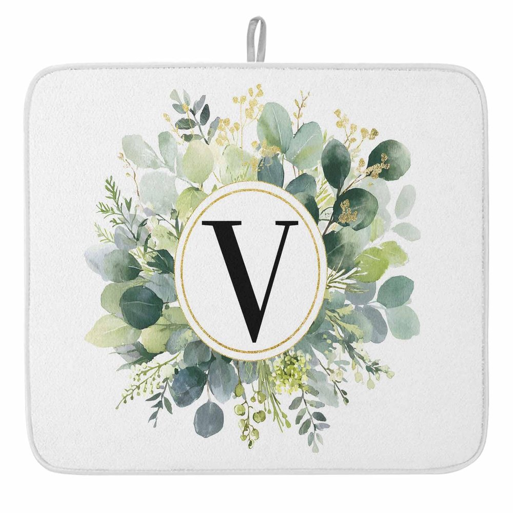 Eucalyptus Leaves Dish Drying Mat for Kitchen Counter, Microfiber Rack Pads, Spring Green Watercolor Monogram Letter V Absorbent Dish Bottle Drying Mat, 18''x24'', 1 Pack