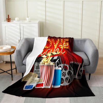 Movie Theme Decor Throw Blanket for Sofa Bed Couch, Retro Cinema Style Fleece Blanket, Home Theater Decor Fuzzy Blanket, Cinema Ticket Popcorn Soft Cozy Flannel Blanket All Season, Throw Size