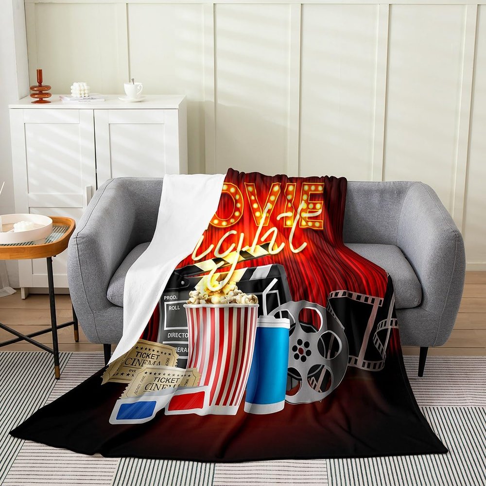 Movie Theme Decor Throw Blanket for Sofa Bed Couch, Retro Cinema Style Fleece Blanket, Home Theater Decor Fuzzy Blanket, Cinema Ticket Popcorn Soft Cozy Flannel Blanket All Season, Throw Size