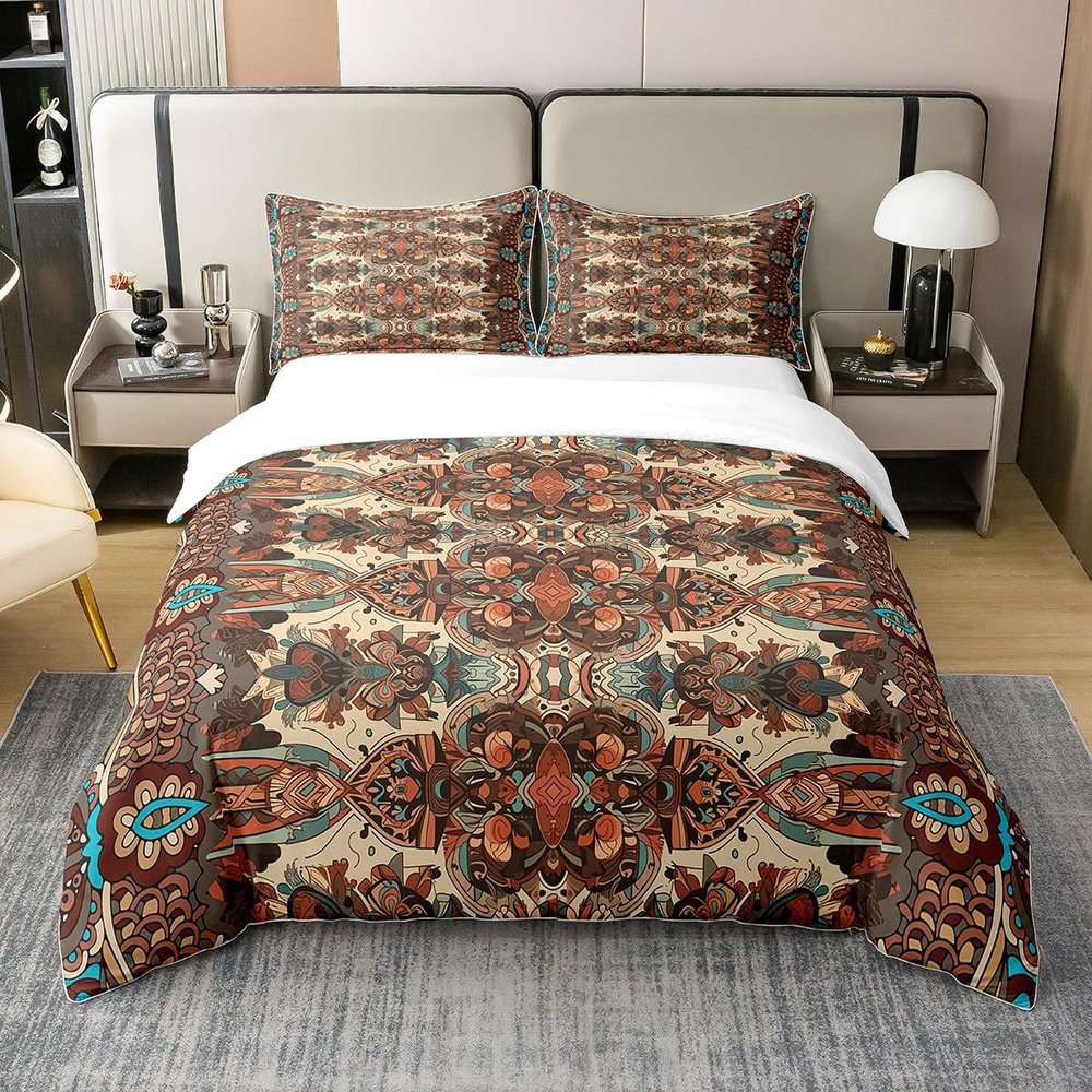 100% Cotton Bohemian Style Bedding Set Queen Size, Red Blue Boho Mandala Duvet Cover Set, Soft Retro Comforter Cover, Southwestern Indian Tribal Quilt Cover, Exotic Style Decor Boho Bed Set