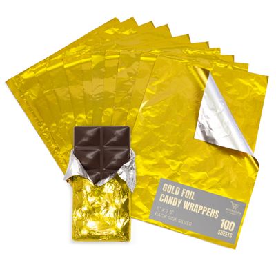 Better Kitchen Products Gold Foil Candy Wrappers, 6" x 7.5", Back Side Silver, Individual Chocolate Packaging, Foil Wraps for Chocolate Bars, Fudge, Brownies, Fruit Bars (100)