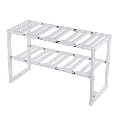 TITA-DONG 2 Tier Expandable Under Sink Shelf, Movable Multifunctional Kitchen Shelf Organizer Rack, Under Sink Storage Organizer, Stackable Kitchen Storage Shelves