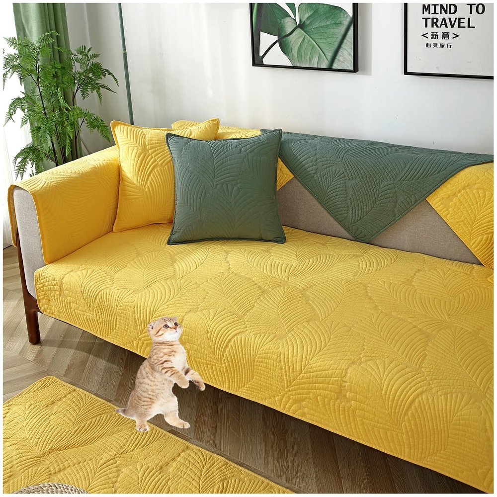 HeGza Pure Cotton Sofa Cover 1 2 3 4 Seater Sofa Cover L Shaped Sofa slipcovers Corner Armchair Covers Pets Couch Cover Non Slip Dog Couch Protector for Sectional Couch (Yellow,90x180cm)