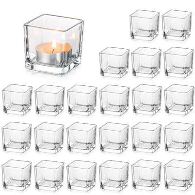 Glasseam Glass Votive Candle Holders: Bulk 24 Clear Square Tealight Holder Small Tea Light Holders for Table Centerpiece Wedding Dining Table Decorations