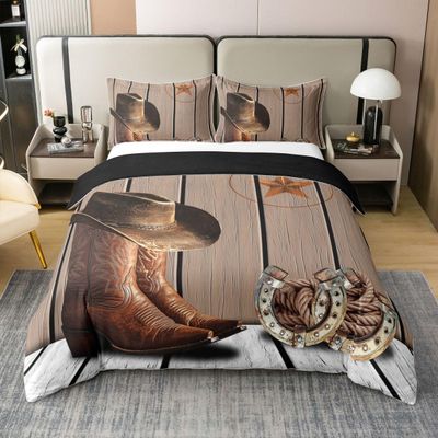 Erosebridal 100% Cotton Vintage Cowboy Duvet Cover Queen,Western Texas Star Bedding Set for Men,Rustic Farmhouse Comforter Cover,Horseshoe Boots Hat Wild West Style Bed Sets with 2 Pillowcases,Brown