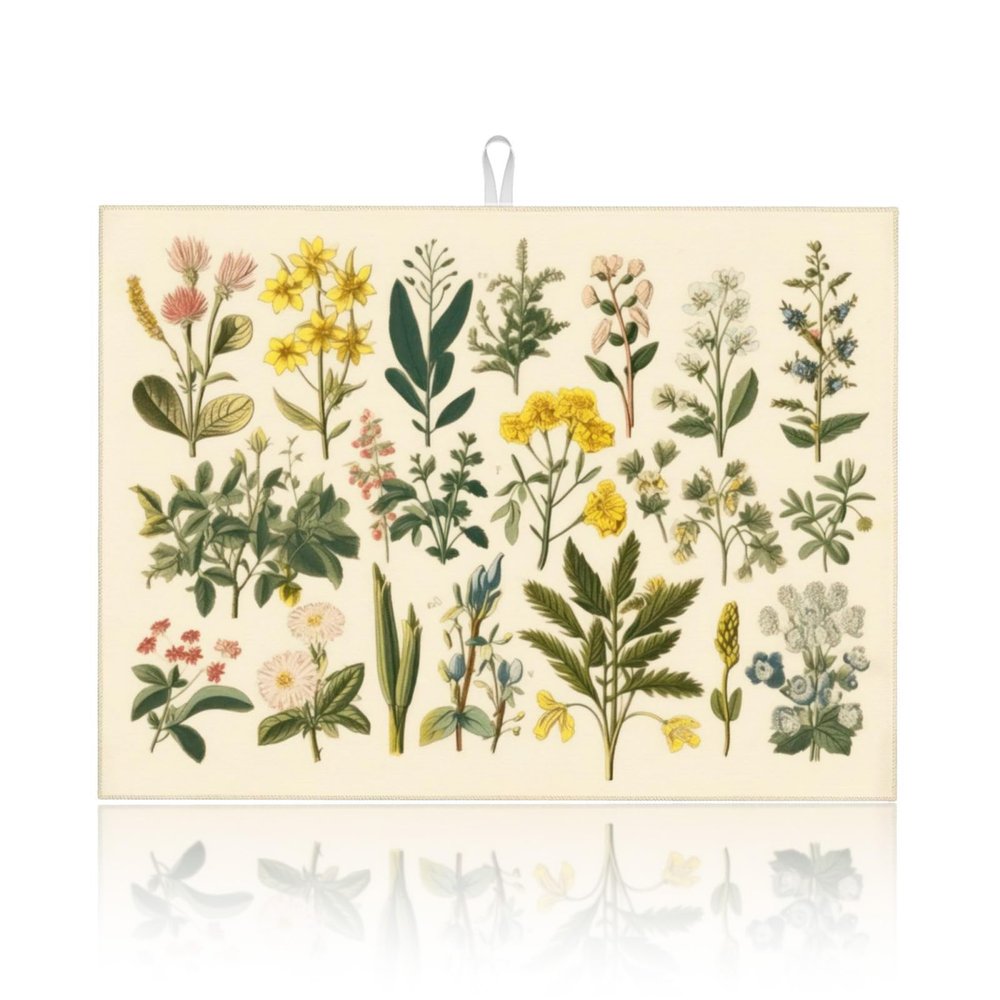 Floral Microfiber Dish Drying Mat XL for Kitchen Counter Absorbent Large Dish Drying Pads Reusable Washable Plants Herbs Draining Mat 18x24 Inch
