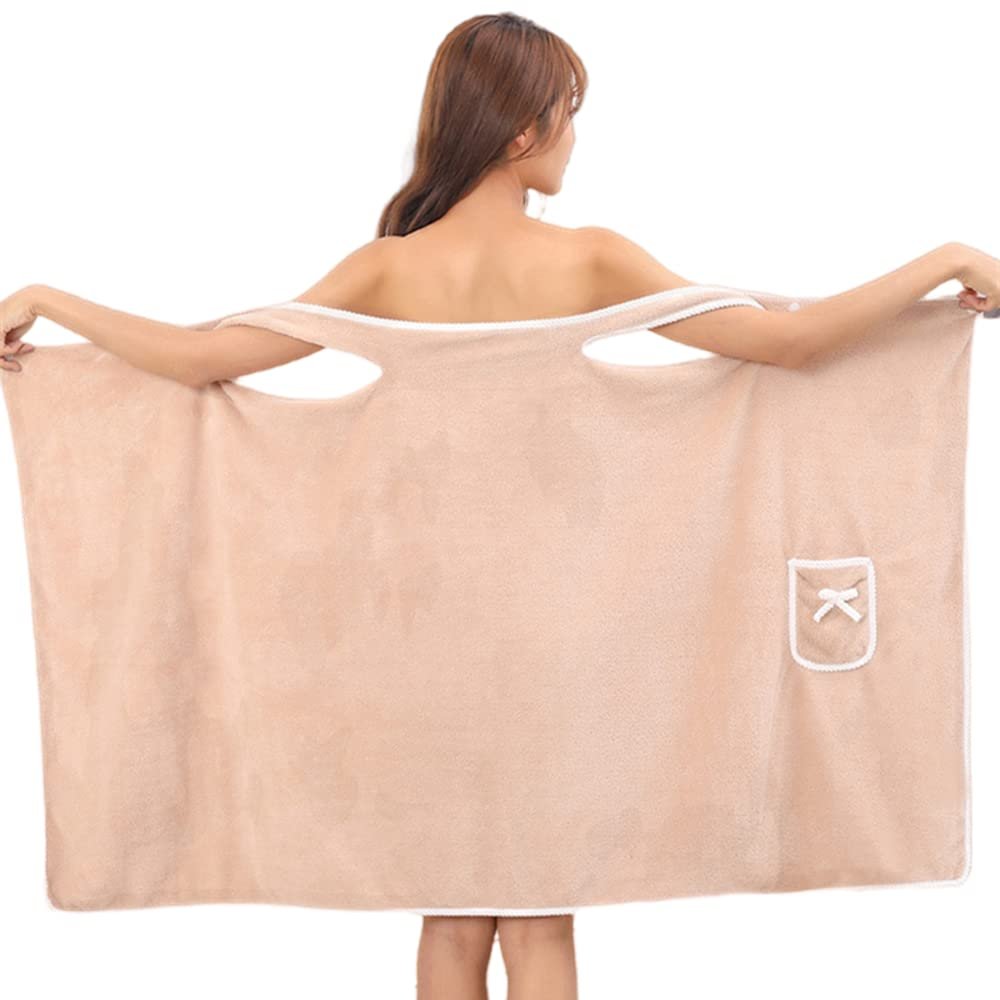 Women Large Bath Towel Coral Velvet Towel (Khaki Pocket)