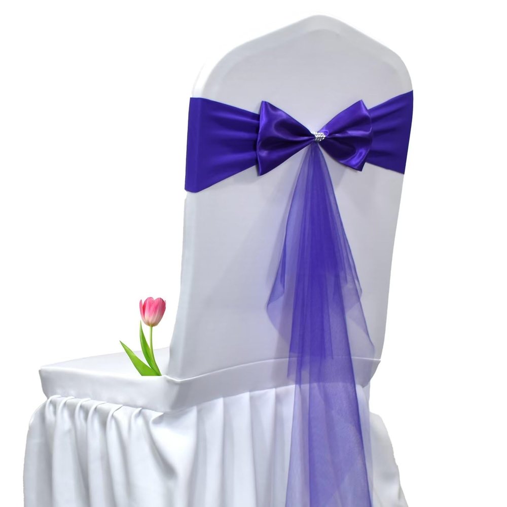 SENQIAN Pack of 10 Dark Purple Bow Organza Chair Sashes Spandex Stretch Chair Bands Elastic Chair Ties for Romantic Wedding Party Birthday Reception Hotel Banquet Chair Cover Decoration