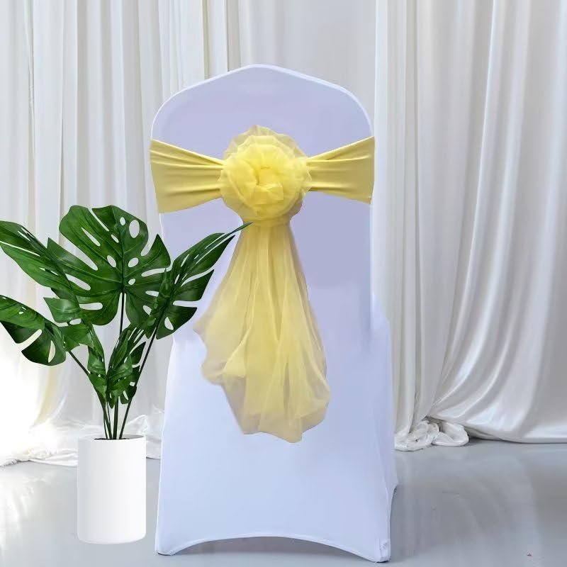 BAEKJIN Lemon Yellow 100PCS Classic European Style Floral Organza Elastic Chair Cover for Wedding Celebration Banquet Party Hotel Events and Other Activities On Site Decoration