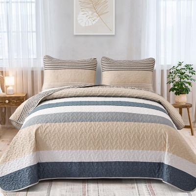 Dinjoy Beige Boho Quilt Queen Size,Khaki Striped Bedspread 3 Pieces Reversible Fall Quilts Bedding Set Micofiber Farmhouse Coverlet with 2 Pillowcases for All Season