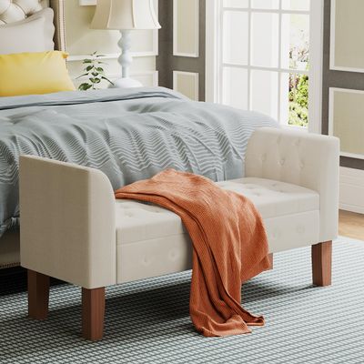 Awonde Storage Bench for Bedroom End of Bed Button Tufted Upholstered Bench Storage Ottoman Bench with Arms 52" Settee Bench Ivory Linen