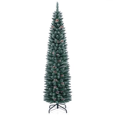 HAPPYGRILL 6 Feet Slim Pencil Christmas Tree, Snowy Artificial Xmas Tree with 267 PVC Branch Tips & 31 Pine Cones, Festival Celebration Tree for Home Office & Shop