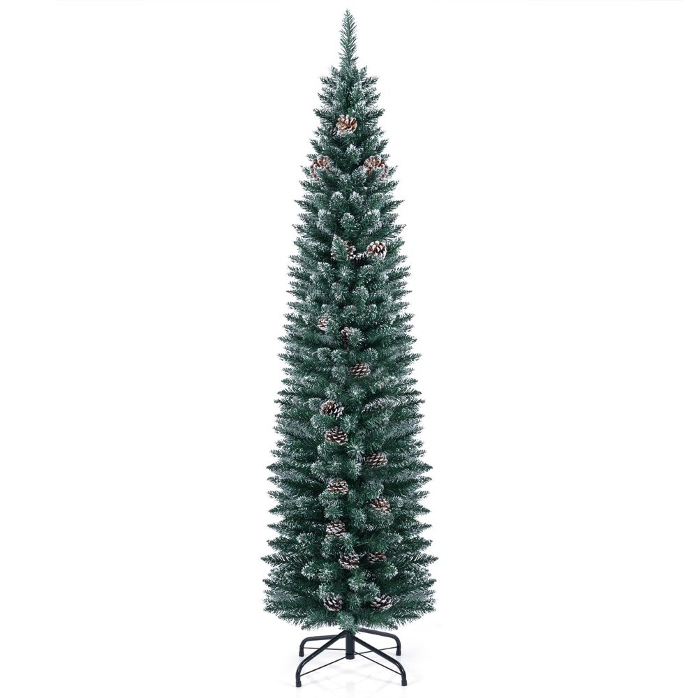 HAPPYGRILL 6 Feet Slim Pencil Christmas Tree, Snowy Artificial Xmas Tree with 267 PVC Branch Tips & 31 Pine Cones, Festival Celebration Tree for Home Office & Shop