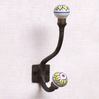 Indian Shelf Coat Rack Wall Mount | Yellow Hat Hooks for Wall | Wall Hooks for Hanging Heavy Duty | Double Hook | Coat Hooks Wall Mounted | Vintage Wall Hooks