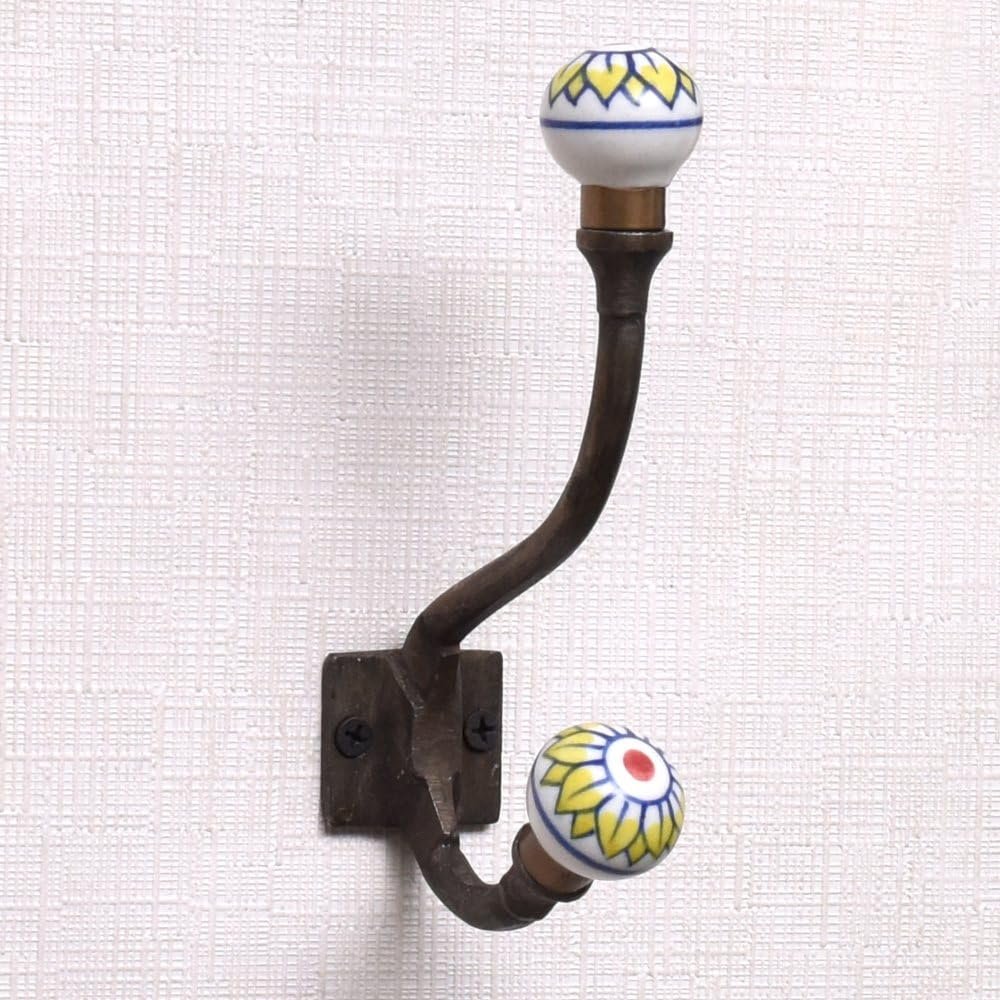 Indian Shelf Coat Rack Wall Mount | Yellow Hat Hooks for Wall | Wall Hooks for Hanging Heavy Duty | Double Hook | Coat Hooks Wall Mounted | Vintage Wall Hooks