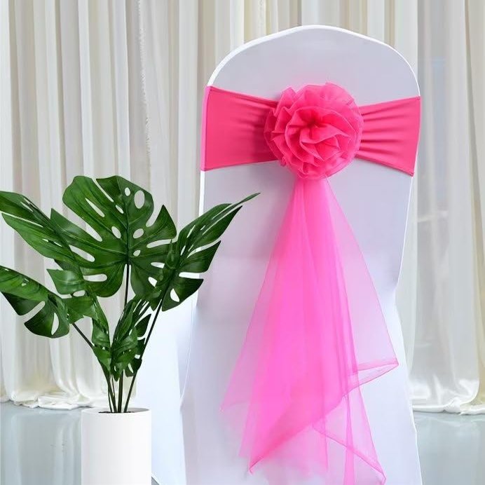 BAEKJIN Magenta 100PCS Classic European Style Floral Organza Elastic Chair Cover for Wedding Celebration Banquet Party Hotel Events and Other Activities On Site Decoration