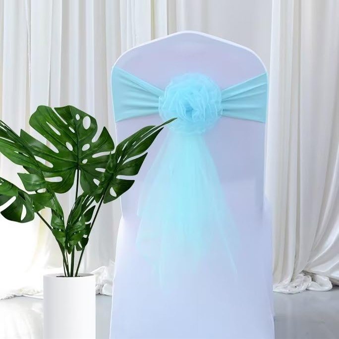 BAEKJIN Sky Blue 50PCS Classic European Style Floral Organza Elastic Chair Cover for Wedding Celebration Banquet Party Hotel Events and Other Activities On Site Decoration