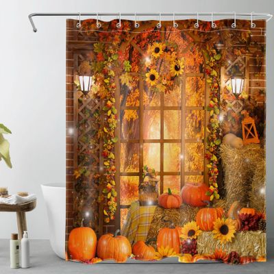 AUEEA Orange Pumpkin Fall Shower Curtain for Bathroom Farmhouse Barn with Fall Leaves and Harvest Pumpkin Shower Curtains with Hooks, Rustic Thanksgiving Bathroom Curtains Shower Set 60x72 inch