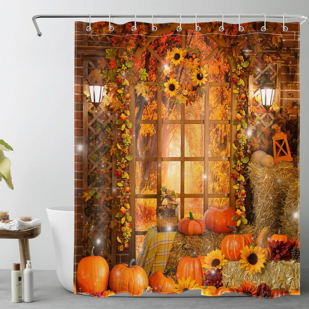AUEEA Orange Pumpkin Fall Shower Curtain for Bathroom Farmhouse Barn with Fall Leaves and Harvest Pumpkin Shower Curtains with Hooks, Rustic Thanksgiving Bathroom Curtains Shower Set 60x72 inch