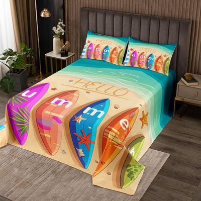 Manfei Kids Summer Beach Bedspread King Size, Colorful Surfboards Quilted Coverlet with 2 Pillowcases, Tropical Surfing Theme Coverlet Set 3pcs for Girls Room Decor, Soft Polyester Bedding Quilt