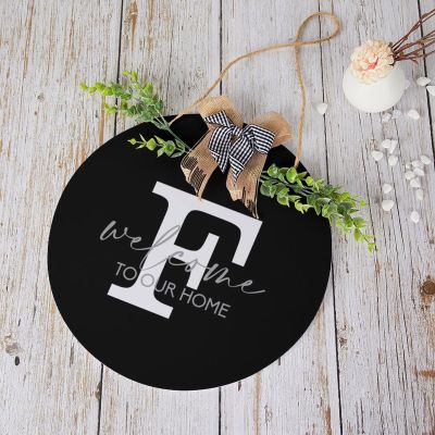 Monogram Welcome Sign for Front Door Decor 12'' Welcome to Our Home Door Hanger Initial Letter F Sign Round Farmhouse Wreath Porch Decor New Home Gift