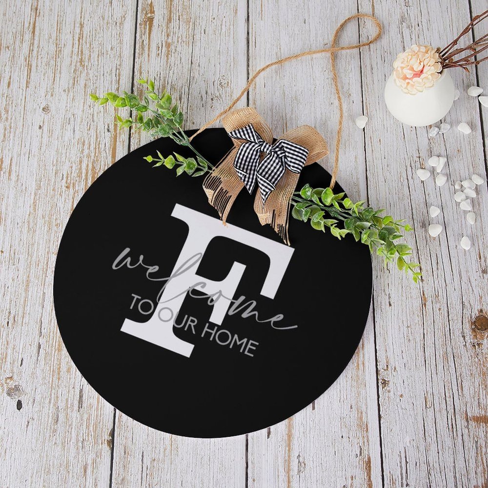 Monogram Welcome Sign for Front Door Decor 12'' Welcome to Our Home Door Hanger Initial Letter F Sign Round Farmhouse Wreath Porch Decor New Home Gift