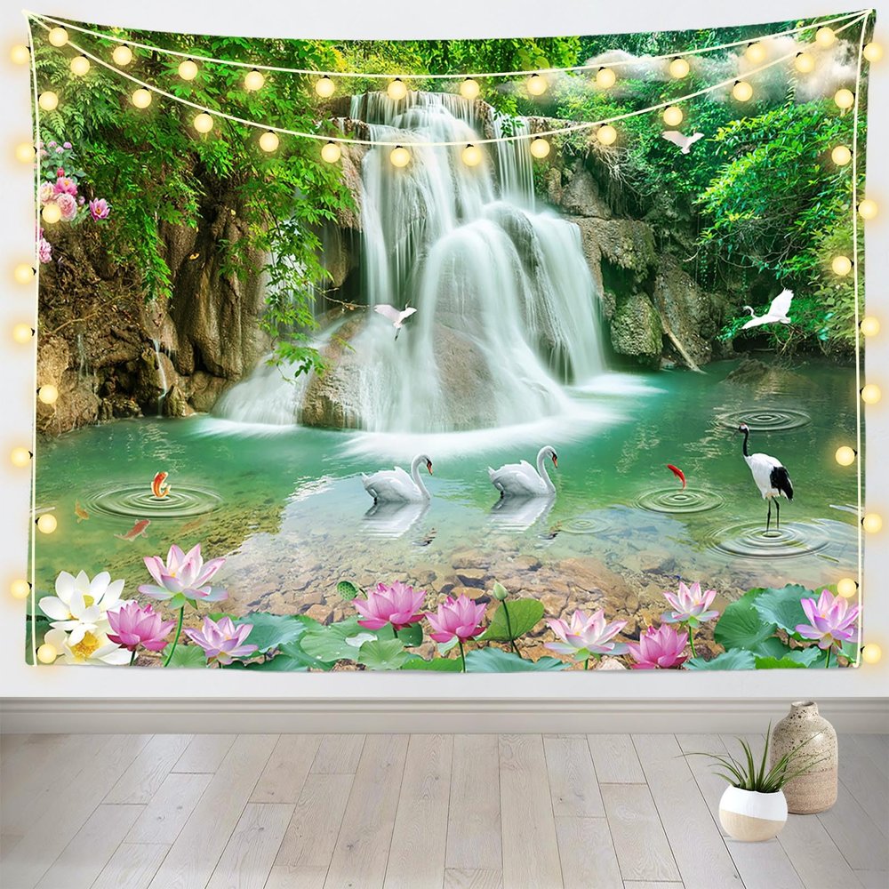 CORFOTO 60 x 50 Inch Wonderland Zen Waterfall Tapestry Beautiful Nature Scenery Wall Hanging Swan Lotus Flower Mountain Landscape Wall Tapestry for Bedroom Aesthetic Living Room Dorm Decor Wallpaper