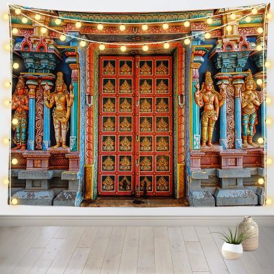 CORFOTO 177 x 118 Inch Fabric Colorful India Tanjore Temple Door Tapestry Wall Hanging Old India Religion Building Wall Tapestry for Bedroom Aesthetic Living Room Dorm Decor