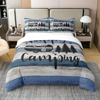 100% Natural Cotton Happy Camping Duvet Cover Full RV Camper Trailer Bedding Set for Boys Girls Bedroom Farmhouse Style Wooden Stripes Comforter Cover Navy Blue Soft Quilt Cover,No Comforter