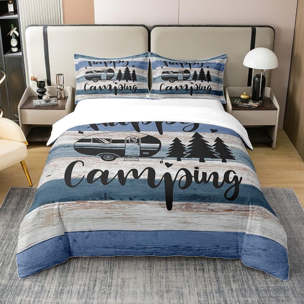 100% Natural Cotton Happy Camping Duvet Cover Full RV Camper Trailer Bedding Set for Boys Girls Bedroom Farmhouse Style Wooden Stripes Comforter Cover Navy Blue Soft Quilt Cover,No Comforter
