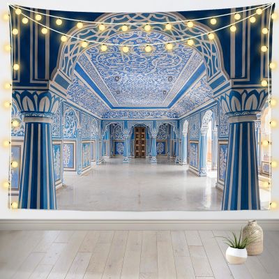 CORFOTO 140 x 98 Inch India Jaipur City Palace Interior Tapestry Vintage Blue Style Indian Religious Architecture Wall Tapestry for Bedroom Aesthetic Living Room Dorm Decor