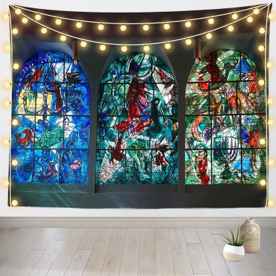 CORFOTO 60 x 40 Inch Colorful Stained Glass Palace Tapestry Israel Synagogue Hospital Windows Wall Tapestry Vintage Medieval Palace Wall Picture for Bedroom Aesthetic Living Room Dorm Decor