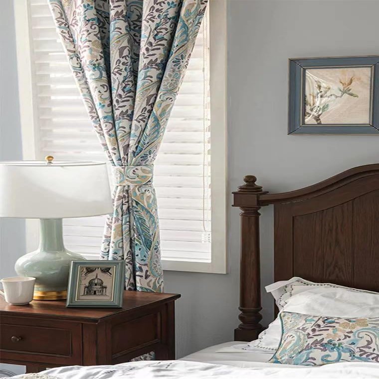 ILUOGUDU Boho Curtains Linen Curtains for Living Room Blue Farmhouse Curtains 96 Inch Length Floral Patterned Semi Blackout Curtains 1 Panel Blue on Beige (Pinch Pleated Curtains, 63" W x 96" L)