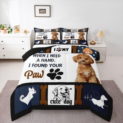Erosebridal Dog Comforter Set Queen for Boys Cute Dog Bedding, Lovely Pet Animal Puppy Bedding Comforter Sets for Girls Teens Family, Grids Striped Print Duvet Insert Kawaii Dog Paw Print Quilt 3 Pcs