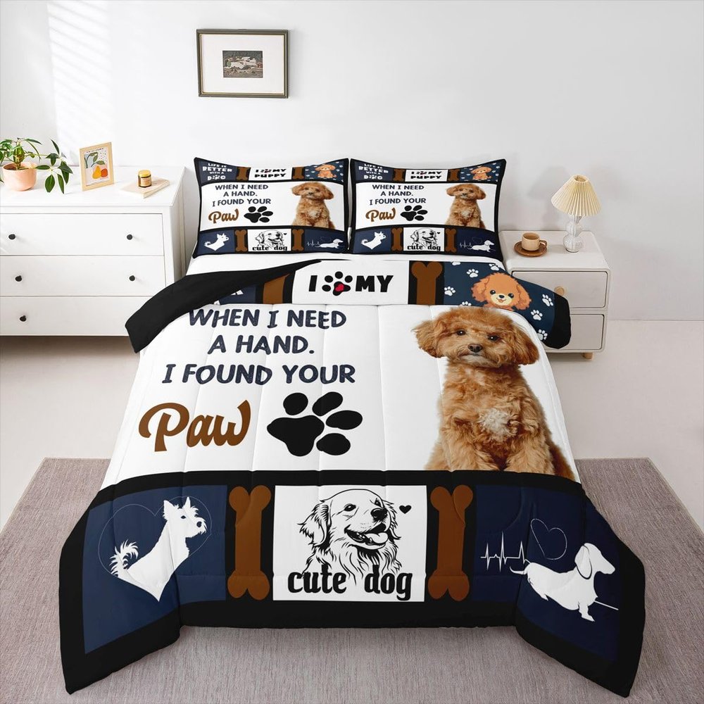 Erosebridal Dog Comforter Set Queen for Boys Cute Dog Bedding, Lovely Pet Animal Puppy Bedding Comforter Sets for Girls Teens Family, Grids Striped Print Duvet Insert Kawaii Dog Paw Print Quilt 3 Pcs