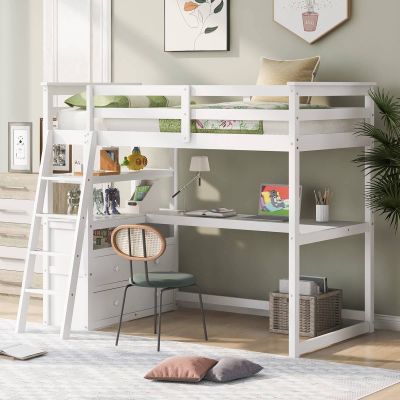 Bed Twin Size Wood, Twin Size Loft Bed with Desk and Shelves, Two Built-in Drawers, White