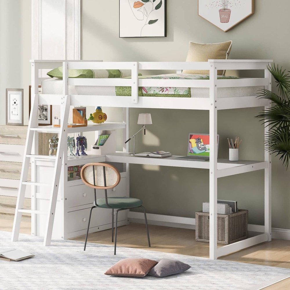 Bed Twin Size Wood, Twin Size Loft Bed with Desk and Shelves, Two Built-in Drawers, White