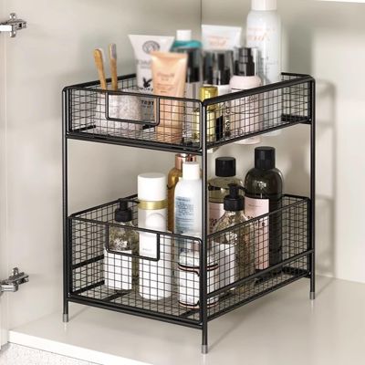 Pantry Sliding Shelves, 2-Tier Under Sink Cabinet Organizer Under Sink Storage Set Sliding Basket Drawer For Bedroom Kitchen Bathroom (Color : Black, Size : 24x30x41cm)