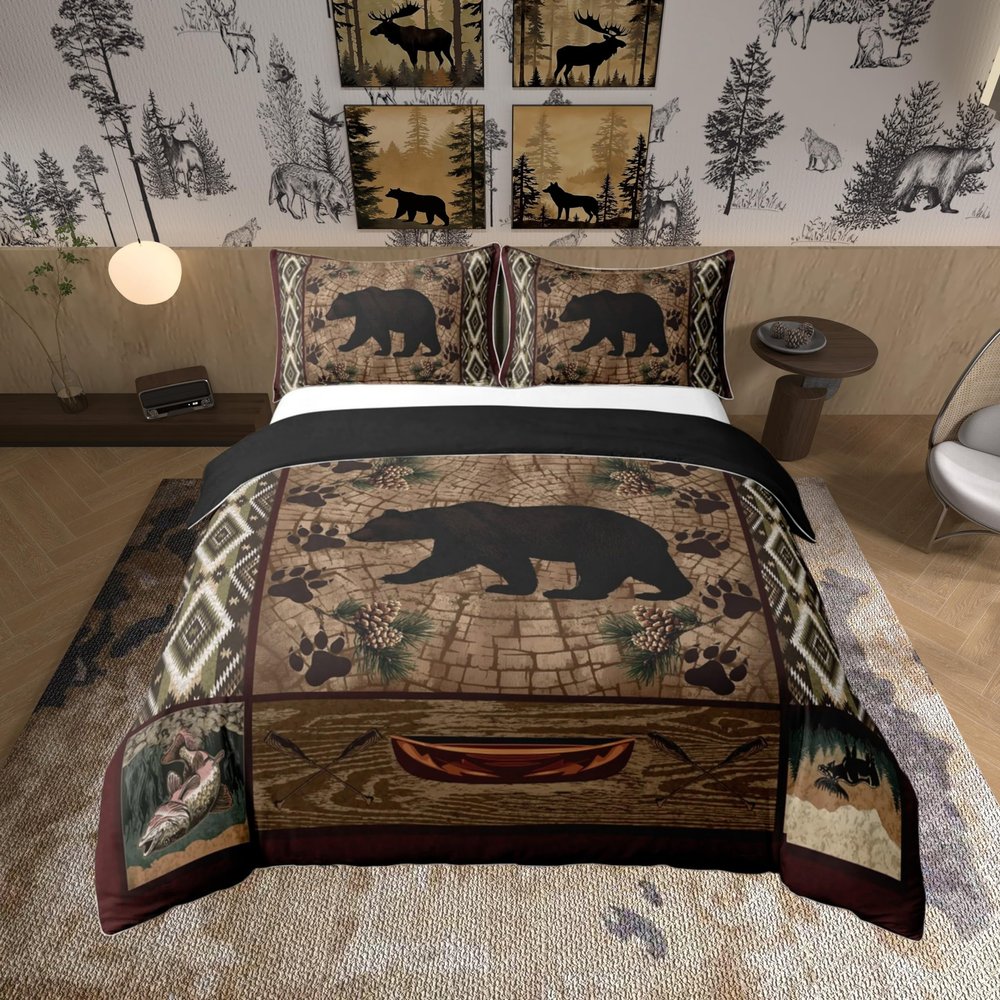 100% Natural Cotton Lodge Cabin Duvet Cover Queen,Wild Bear Animal Silhouette Bedding Set (Not Comforter) for Country Room Decor,Bohemian Pattern Wooden Print Bedspread Cover with Zipper Closure
