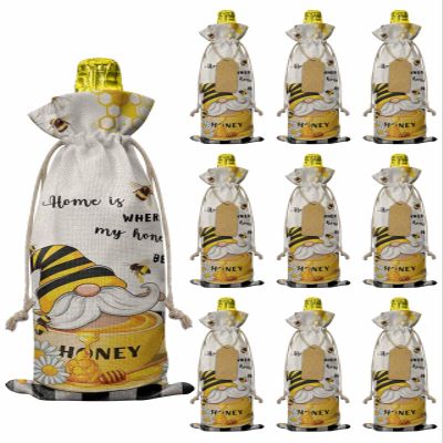 10 Pack Wine Bottle Bags, Bee Gnomes Wine Bottle Cover with Drawstring, Gift Bag for Champagne, Wedding, Birthday, Christmas, Thanksgiving, Party Honey Spring Summer Country Rustic Plaid Daisy