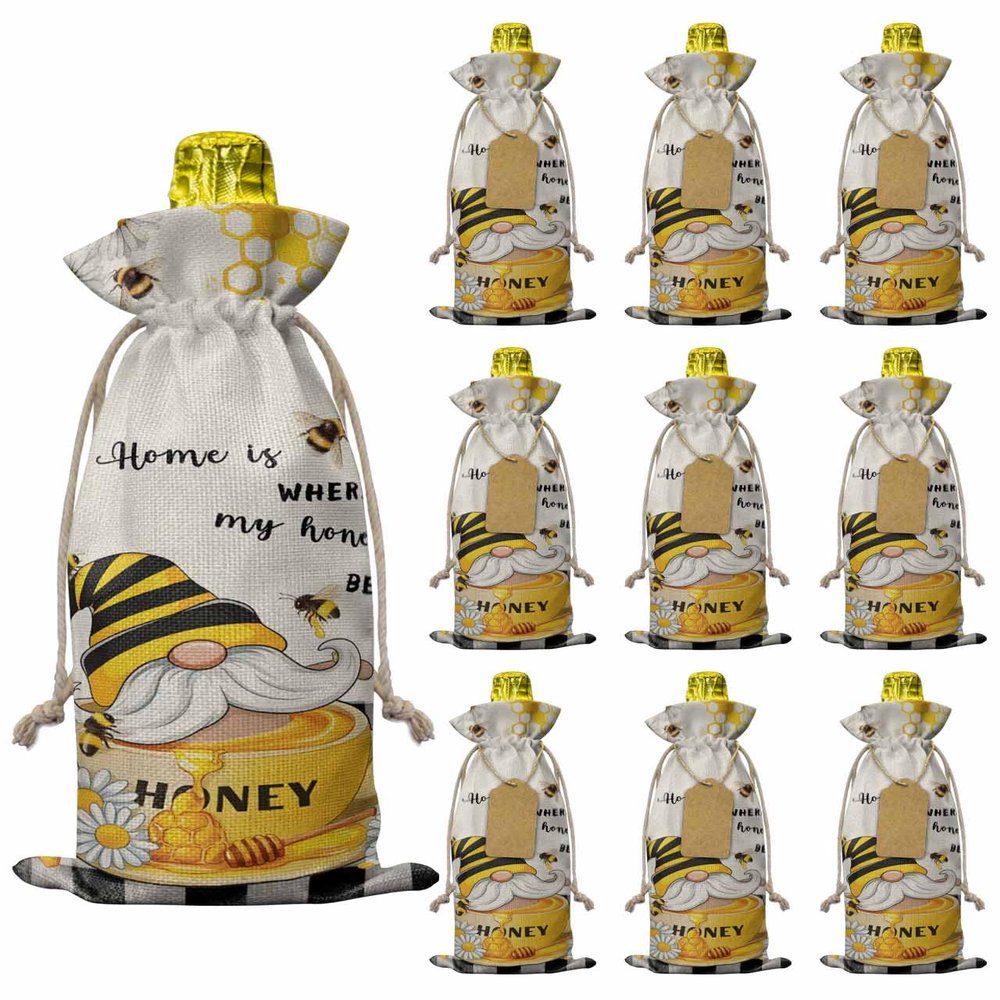 10 Pack Wine Bottle Bags, Bee Gnomes Wine Bottle Cover with Drawstring, Gift Bag for Champagne, Wedding, Birthday, Christmas, Thanksgiving, Party Honey Spring Summer Country Rustic Plaid Daisy