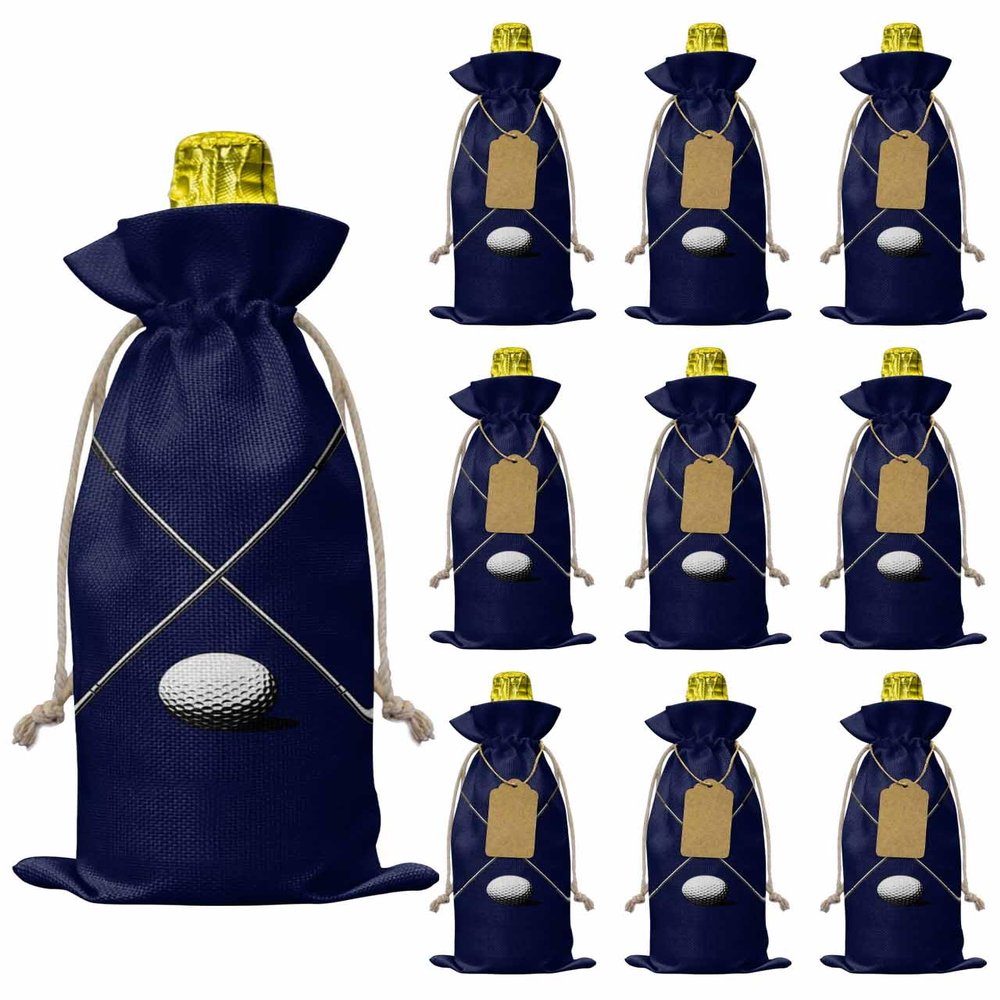 10 Pack Wine Bottle Bags, Golf Club Wine Bottle Cover with Drawstring, Gift Bag for Champagne, Wedding, Birthday, Christmas, Thanksgiving, Party Golf Sport Navy Blue Modern Abstract Art