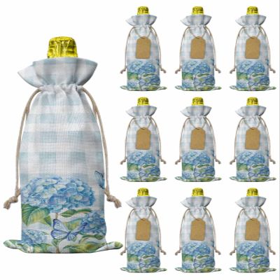 10 Pack Wine Bottle Bags, Hydrangea Wine Bottle Cover with Drawstring, Gift Bag for Champagne, Wedding, Birthday, Christmas, Thanksgiving, Party Blue Plaid Spring Floral Summer Botanical Butterfly