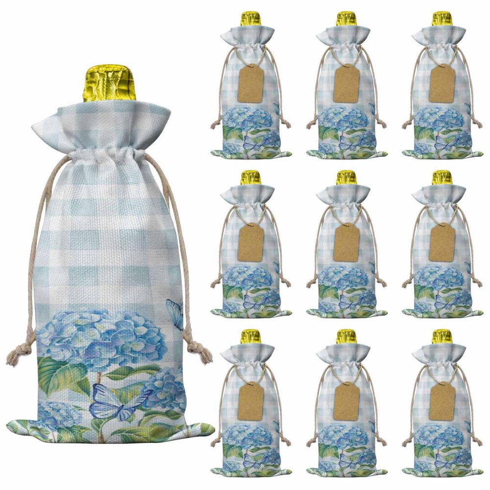 10 Pack Wine Bottle Bags, Hydrangea Wine Bottle Cover with Drawstring, Gift Bag for Champagne, Wedding, Birthday, Christmas, Thanksgiving, Party Blue Plaid Spring Floral Summer Botanical Butterfly