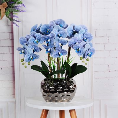 High-grade Phalaenopsis orchids, artificial flowers, fake flowers, living room decorations, orchid flower arrangements, potted plants, light luxury floral ornaments Speckled blue - film material