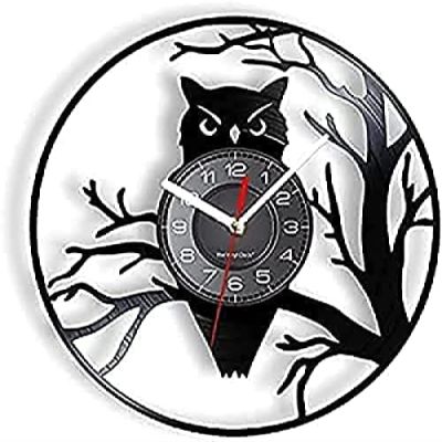 Wall Clock Battery Operated Silent Non-Ticking 12 Inch 12" Silent Non Ticking Owl Bird & Branches Vinyl Record Clock Animal Wall Decor Black Hanging Wall Clock 12" (30cm)