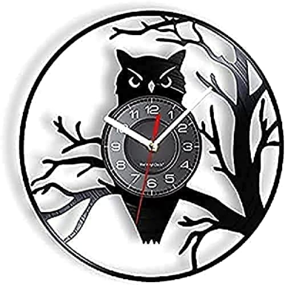 Wall Clock Battery Operated Silent Non-Ticking 12 Inch 12" Silent Non Ticking Owl Bird & Branches Vinyl Record Clock Animal Wall Decor Black Hanging Wall Clock 12" (30cm)